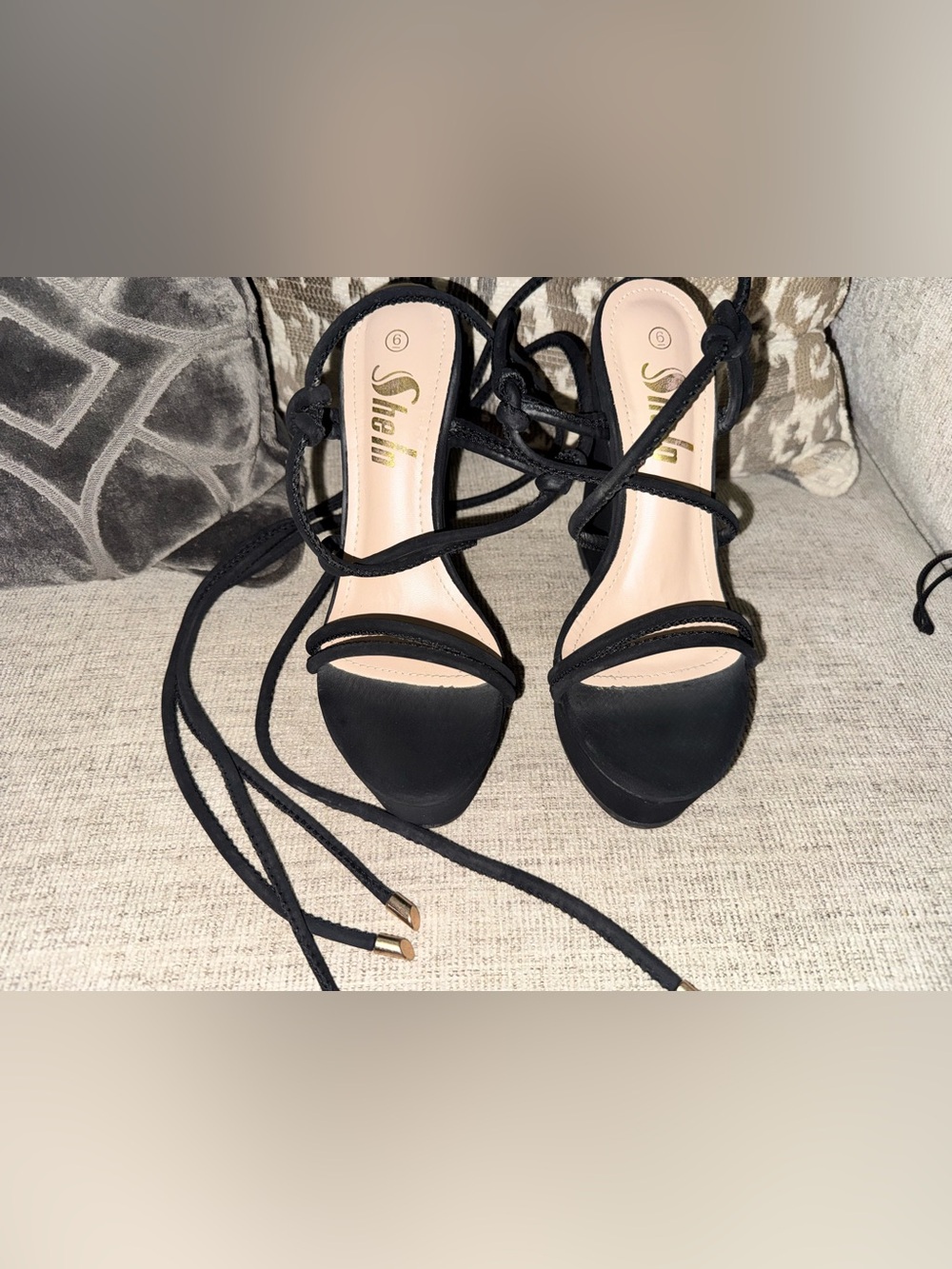 SHEIN Black Lace-Up Open-Toe Wedges